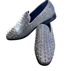 ALBERTO FELLINI Silver Glitter Spike Loafers Size 10 Formal Prom Statement Shoes